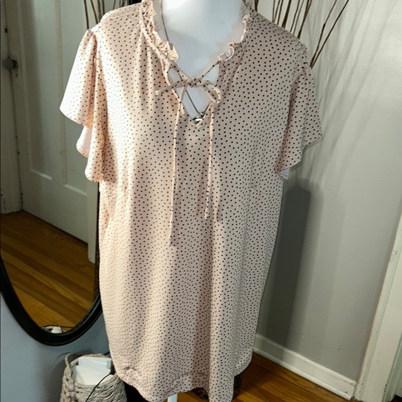 Adrianna Papell Pink Polka Dot Blouse with Ruffle Neckline - Picture 1 of 11